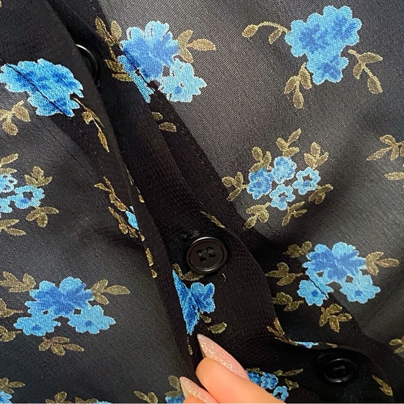 Reformation black blue floral print collared 1/2 button short sleeve mini dress - Picture 6 of 13